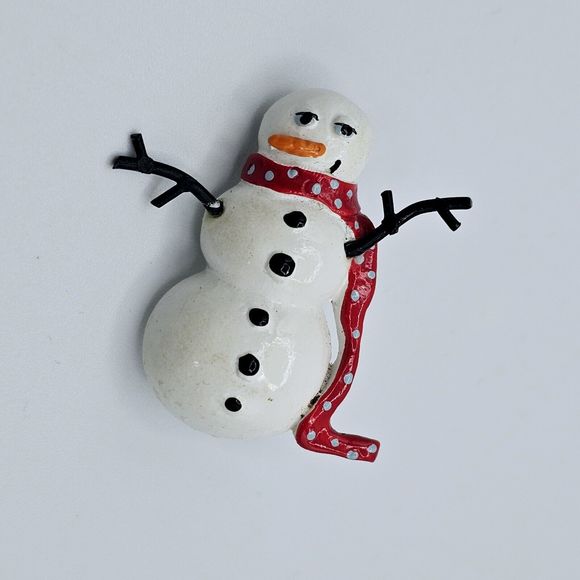 Snowman Brooch Christmas Holiday Pin Red Polka Dot Scarf Carrot Nose Stick Arms - Picture 4 of 6